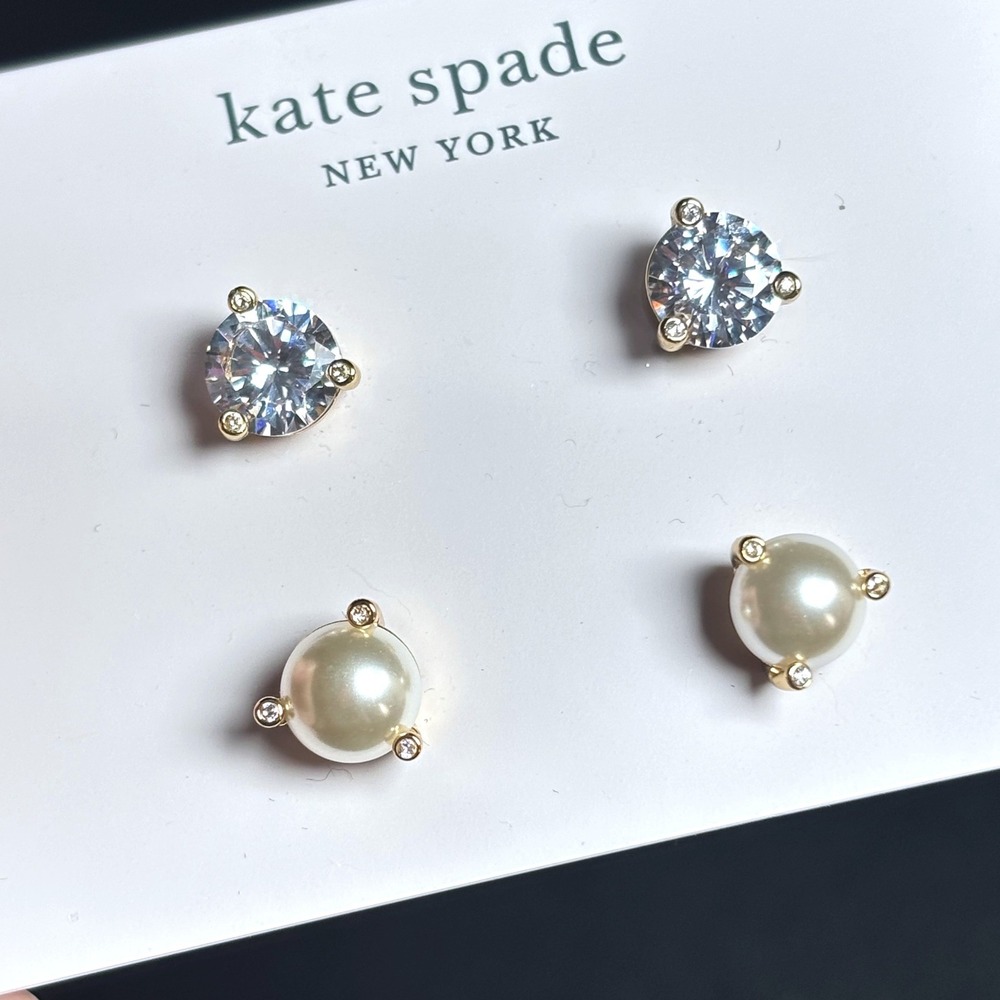 Kate Spade Rise and Shine Stud Earrings Set Cream Clear Gold Tone Classic Women - Picture 2 of 8